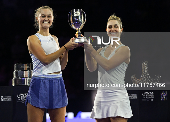 RIYADH, SAUDI ARABIA - NOVEMBER 09: Gabriela Dabrowski (R) of Canada and Erin Routliffe (L) of New Zealand with the Trophy at the Awards Cer...