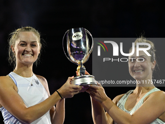 RIYADH, SAUDI ARABIA - NOVEMBER 09: Gabriela Dabrowski (R) of Canada and Erin Routliffe (L) of New Zealand with the Trophy at the Awards Cer...