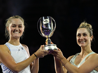 RIYADH, SAUDI ARABIA - NOVEMBER 09: Gabriela Dabrowski (R) of Canada and Erin Routliffe (L) of New Zealand with the Trophy at the Awards Cer...