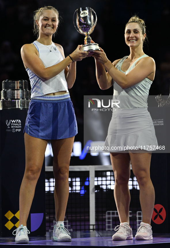 RIYADH, SAUDI ARABIA - NOVEMBER 09: Gabriela Dabrowski (R) of Canada and Erin Routliffe (L) of New Zealand with the Trophy at the Awards Cer...