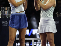 RIYADH, SAUDI ARABIA - NOVEMBER 09: Gabriela Dabrowski (R) of Canada and Erin Routliffe (L) of New Zealand with the Trophy at the Awards Cer...