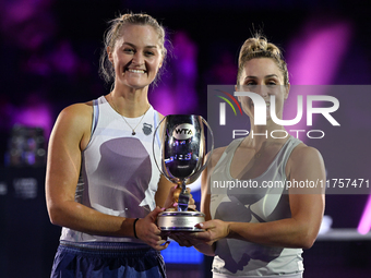 RIYADH, SAUDI ARABIA - NOVEMBER 09: Gabriela Dabrowski (R) of Canada and Erin Routliffe (L) of New Zealand with the Trophy at the Awards Cer...