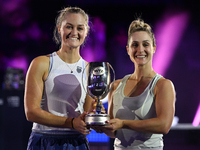 RIYADH, SAUDI ARABIA - NOVEMBER 09: Gabriela Dabrowski (R) of Canada and Erin Routliffe (L) of New Zealand with the Trophy at the Awards Cer...