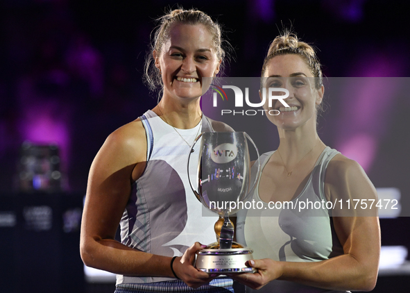 RIYADH, SAUDI ARABIA - NOVEMBER 09: Gabriela Dabrowski (R) of Canada and Erin Routliffe (L) of New Zealand with the Trophy at the Awards Cer...