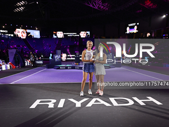 RIYADH, SAUDI ARABIA - NOVEMBER 09: Gabriela Dabrowski (R) of Canada and Erin Routliffe (L) of New Zealand with the Trophy at the Awards Cer...