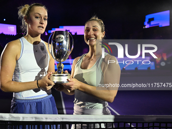 RIYADH, SAUDI ARABIA - NOVEMBER 09: Gabriela Dabrowski (R) of Canada and Erin Routliffe (L) of New Zealand with the Trophy at the Awards Cer...