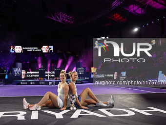 RIYADH, SAUDI ARABIA - NOVEMBER 09: Gabriela Dabrowski (R) of Canada and Erin Routliffe (L) of New Zealand with the Trophy at the Awards Cer...