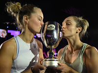 RIYADH, SAUDI ARABIA - NOVEMBER 09: Gabriela Dabrowski (R) of Canada and Erin Routliffe (L) of New Zealand with the Trophy at the Awards Cer...