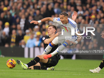 Jimmy Dunne (QPR) tackles Mateo Joseph (Leeds United) during the Sky Bet Championship match between Leeds United and Queens Park Rangers at...