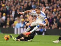 Jimmy Dunne (QPR) tackles Mateo Joseph (Leeds United) during the Sky Bet Championship match between Leeds United and Queens Park Rangers at...