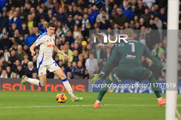 Sam Byram of Leeds United puts in a cross for a disallowed goal during the Sky Bet Championship match between Leeds United and Queens Park R...