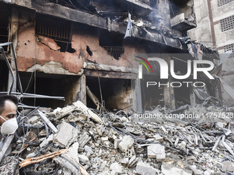 A heavily damaged building, hit by an Israeli strike, stands during a media tour organized by the Hezbollah press office to the sites of ove...