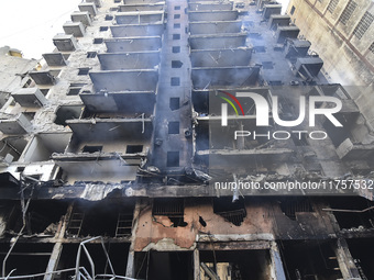 A heavily damaged building, hit by an Israeli strike, stands during a media tour organized by the Hezbollah press office to the sites of ove...