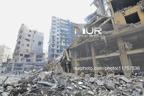 A heavily damaged building, hit by an Israeli strike, stands during a media tour organized by the Hezbollah press office to the sites of ove...