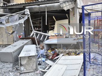 A heavily damaged building, hit by an Israeli strike, stands during a media tour organized by the Hezbollah press office to the sites of ove...