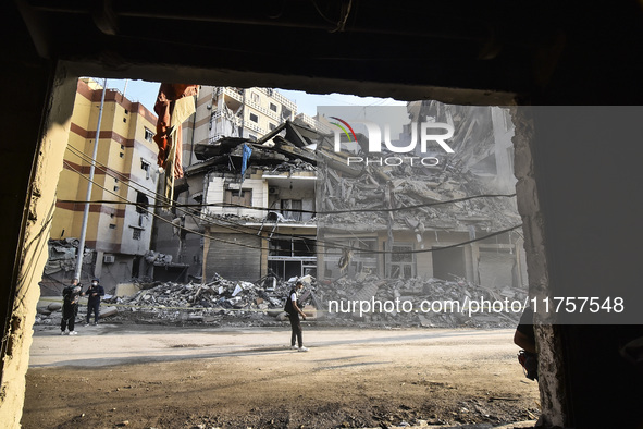 A heavily damaged building, hit by an Israeli strike, stands during a media tour organized by the Hezbollah press office to the sites of ove...