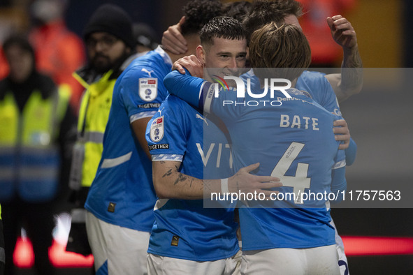 Louie Barry #20 of Stockport County F.C. celebrates his goal during the Sky Bet League 1 match between Stockport County and Bolton Wanderers...