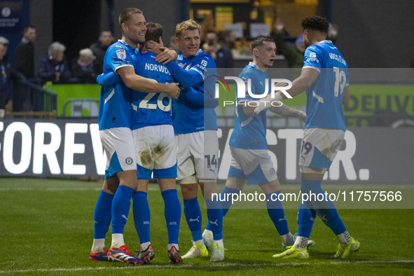 Fraser Horsfall #6 of Stockport County F.C. celebrates his goal during the Sky Bet League 1 match between Stockport County and Bolton Wander...