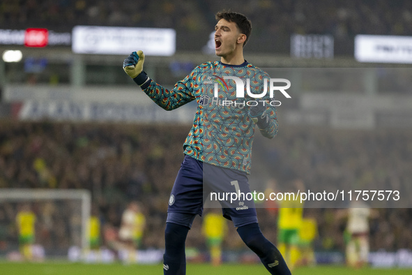 Max O'Leary of Bristol City celebrates going 2-0 up during the Sky Bet Championship match between Norwich City and Bristol City at Carrow Ro...