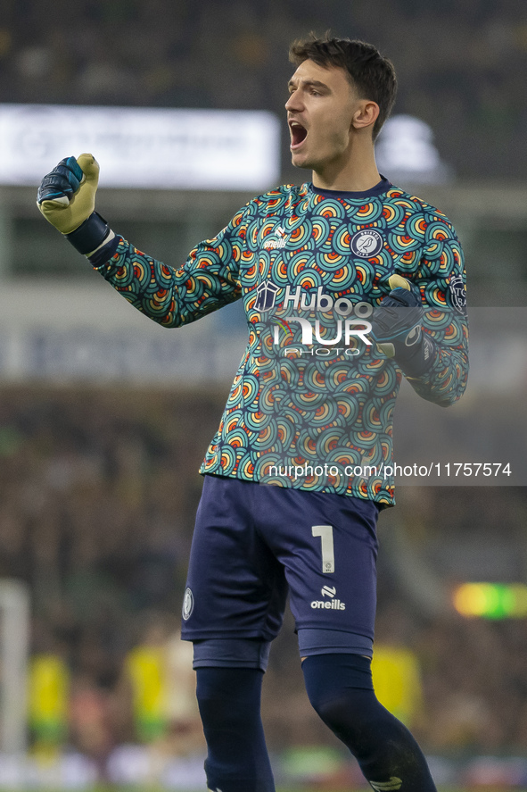 Max O'Leary of Bristol City celebrates going 2-0 up during the Sky Bet Championship match between Norwich City and Bristol City at Carrow Ro...