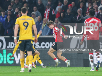 Tyler Dibling, number 33 of Southampton, is in attacking action during the Premier League match between Wolverhampton Wanderers and Southamp...