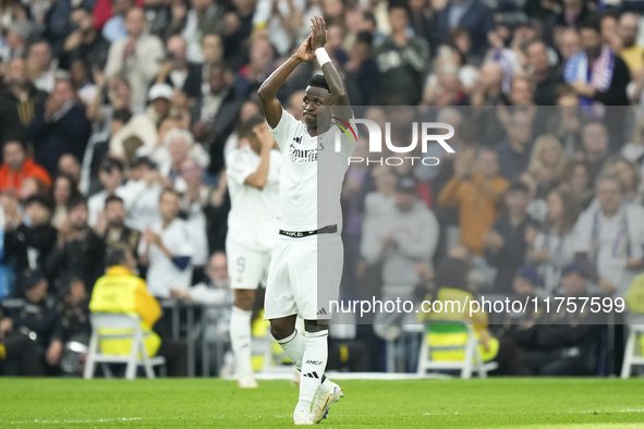 Vinicius Junior left winger of Real Madrid and Brazil is replaced during the La Liga match between Real Madrid CF and CA Osasuna at Estadio...