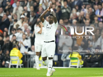 Vinicius Junior left winger of Real Madrid and Brazil is replaced during the La Liga match between Real Madrid CF and CA Osasuna at Estadio...