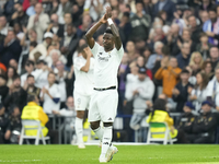 Vinicius Junior left winger of Real Madrid and Brazil is replaced during the La Liga match between Real Madrid CF and CA Osasuna at Estadio...