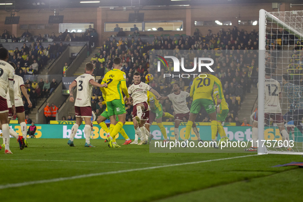 Shane Duffy of Norwich City takes a header at goal during the Sky Bet Championship match between Norwich City and Bristol City at Carrow Roa...