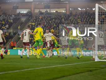 Shane Duffy of Norwich City takes a header at goal during the Sky Bet Championship match between Norwich City and Bristol City at Carrow Roa...