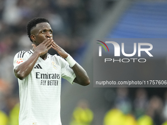 Vinicius Junior left winger of Real Madrid and Brazil third goal during the La Liga match between Real Madrid CF and CA Osasuna at Estadio S...