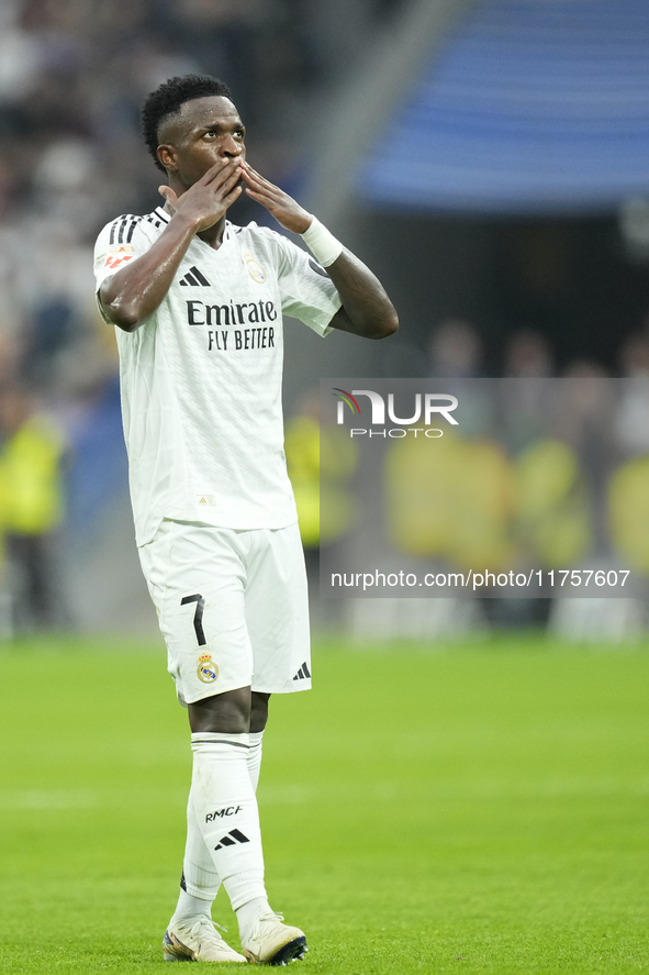 Vinicius Junior left winger of Real Madrid and Brazil third goal during the La Liga match between Real Madrid CF and CA Osasuna at Estadio S...