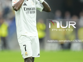 Vinicius Junior left winger of Real Madrid and Brazil third goal during the La Liga match between Real Madrid CF and CA Osasuna at Estadio S...