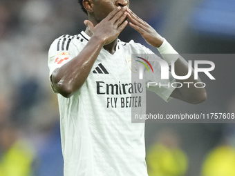 Vinicius Junior left winger of Real Madrid and Brazil third goal during the La Liga match between Real Madrid CF and CA Osasuna at Estadio S...