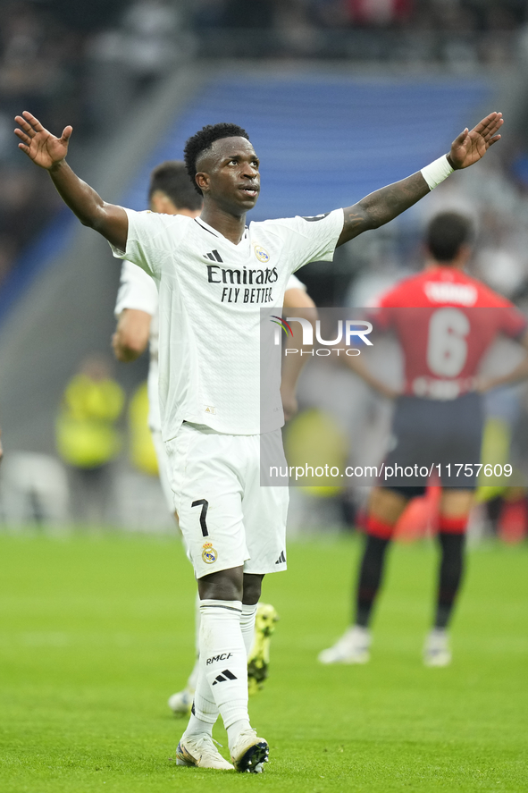 Vinicius Junior left winger of Real Madrid and Brazil third goal during the La Liga match between Real Madrid CF and CA Osasuna at Estadio S...