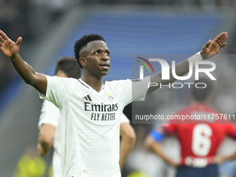 Vinicius Junior left winger of Real Madrid and Brazil third goal during the La Liga match between Real Madrid CF and CA Osasuna at Estadio S...