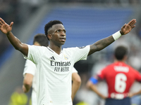 Vinicius Junior left winger of Real Madrid and Brazil third goal during the La Liga match between Real Madrid CF and CA Osasuna at Estadio S...