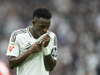 Vinicius Junior left winger of Real Madrid and Brazil third goal during the La Liga match between Real Madrid CF and CA Osasuna at Estadio S...