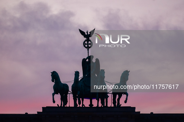 Sunset at the Brandenburg Gate during the 35th anniversary of the fall of the Berlin Wall. Berlin, Germany on 9 November, 2024. 