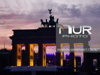 Sunset at the Brandenburg Gate during the 35th anniversary of the fall of the Berlin Wall. Berlin, Germany on 9 November, 2024. (