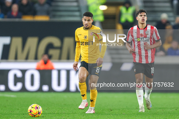 Joao Gomes of Wolves plays the ball forward during the Premier League match between Wolverhampton Wanderers and Southampton at Molineux in W...