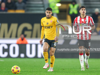 Joao Gomes of Wolves plays the ball forward during the Premier League match between Wolverhampton Wanderers and Southampton at Molineux in W...