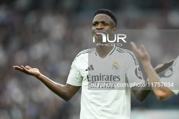 Vinicius Junior left winger of Real Madrid and Brazil third goal during the La Liga match between Real Madrid CF and CA Osasuna at Estadio S...