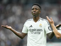 Vinicius Junior left winger of Real Madrid and Brazil third goal during the La Liga match between Real Madrid CF and CA Osasuna at Estadio S...