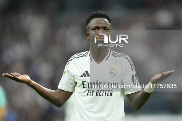 Vinicius Junior left winger of Real Madrid and Brazil third goal during the La Liga match between Real Madrid CF and CA Osasuna at Estadio S...