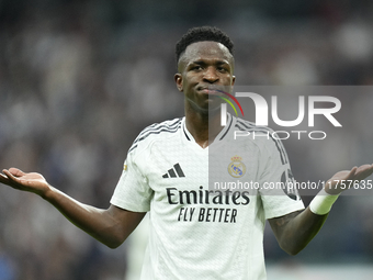 Vinicius Junior left winger of Real Madrid and Brazil third goal during the La Liga match between Real Madrid CF and CA Osasuna at Estadio S...