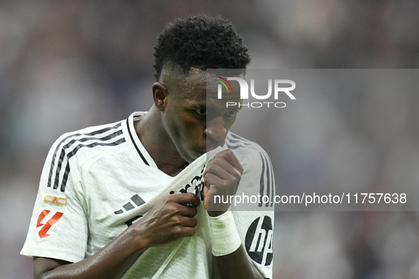 Vinicius Junior left winger of Real Madrid and Brazil third goal during the La Liga match between Real Madrid CF and CA Osasuna at Estadio S...