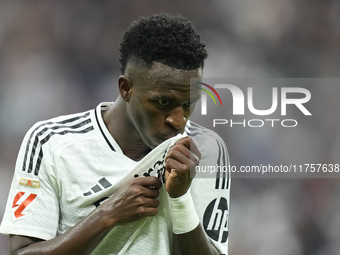 Vinicius Junior left winger of Real Madrid and Brazil third goal during the La Liga match between Real Madrid CF and CA Osasuna at Estadio S...