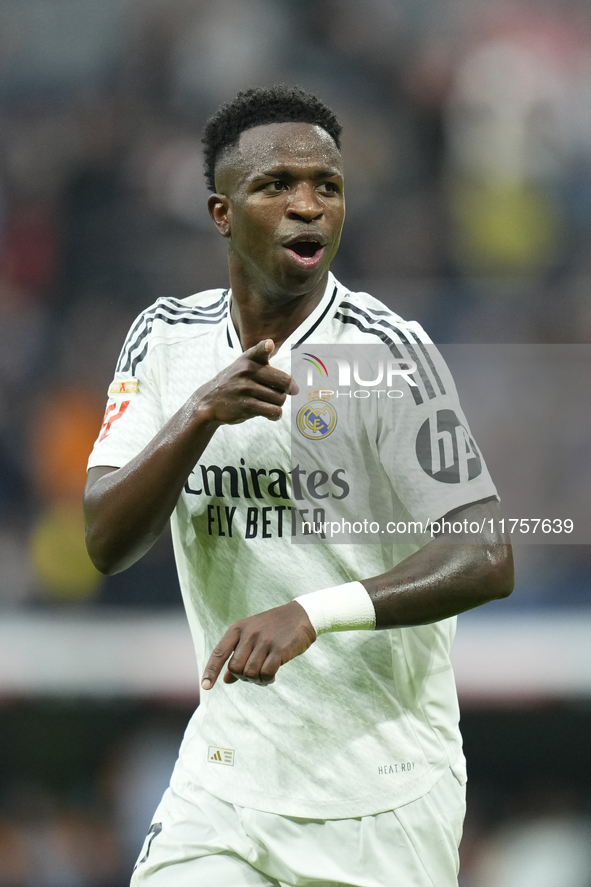 Vinicius Junior left winger of Real Madrid and Brazil third goal during the La Liga match between Real Madrid CF and CA Osasuna at Estadio S...