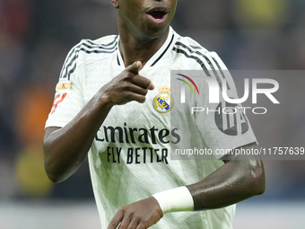 Vinicius Junior left winger of Real Madrid and Brazil third goal during the La Liga match between Real Madrid CF and CA Osasuna at Estadio S...